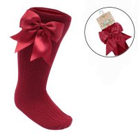 S350-BU: Burgundy Knee Length Socks w/Large Bow (0-24 Months)